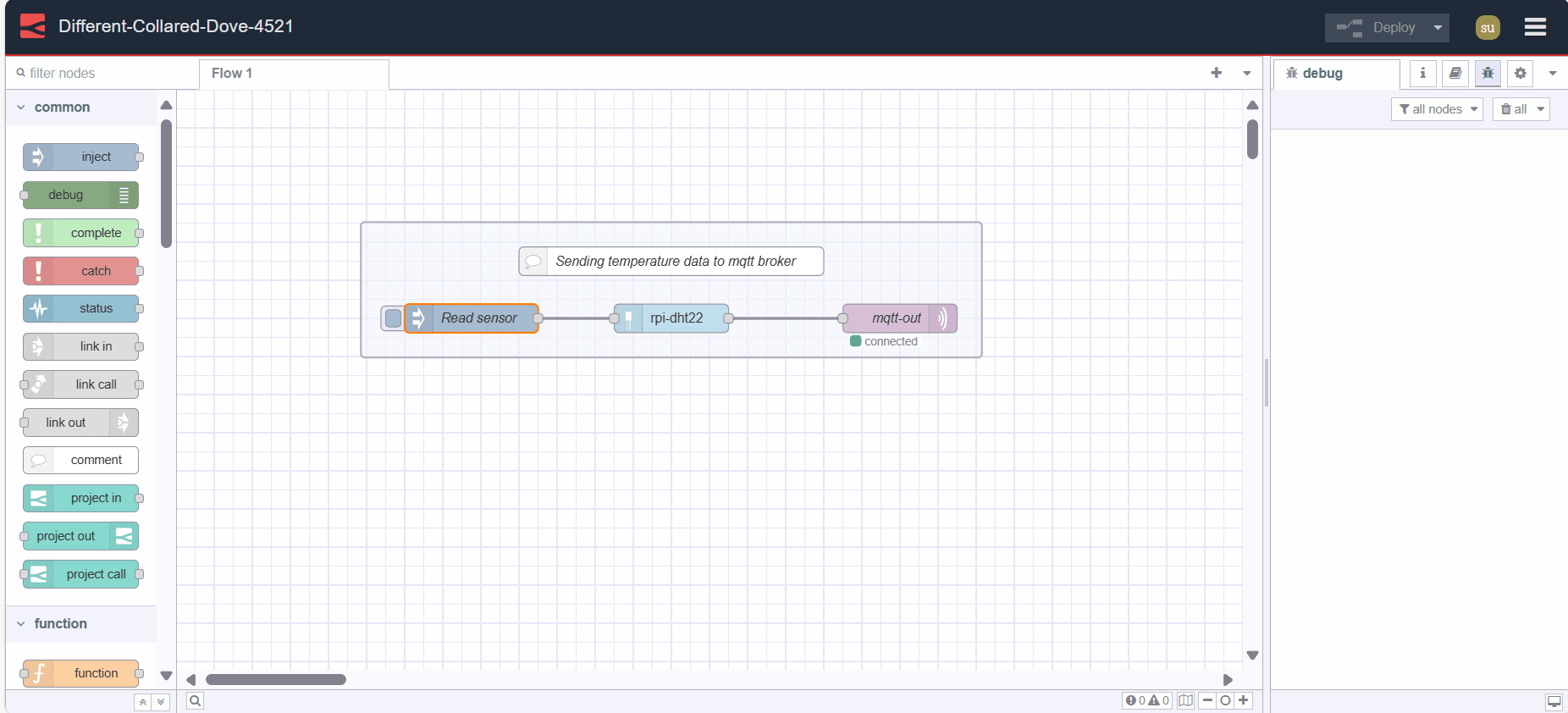 "Screenshot of the device editor of a Node-RED instance running on the device (connected to a temperature sensor) using the FlowFuse device agent, where we are reading temperature data from the sensor and sending it to an MQTT broker."