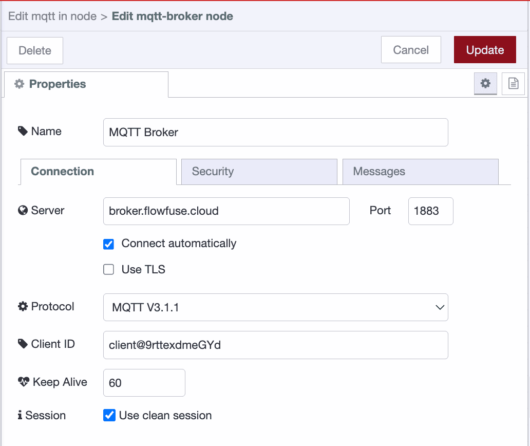 Screenshot of the MQTT Config, "Connection" tab in the Node-RED Editor