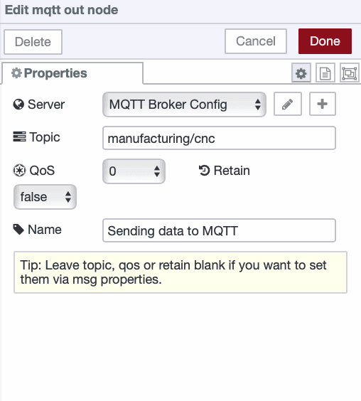 Configuring mqtt-out node