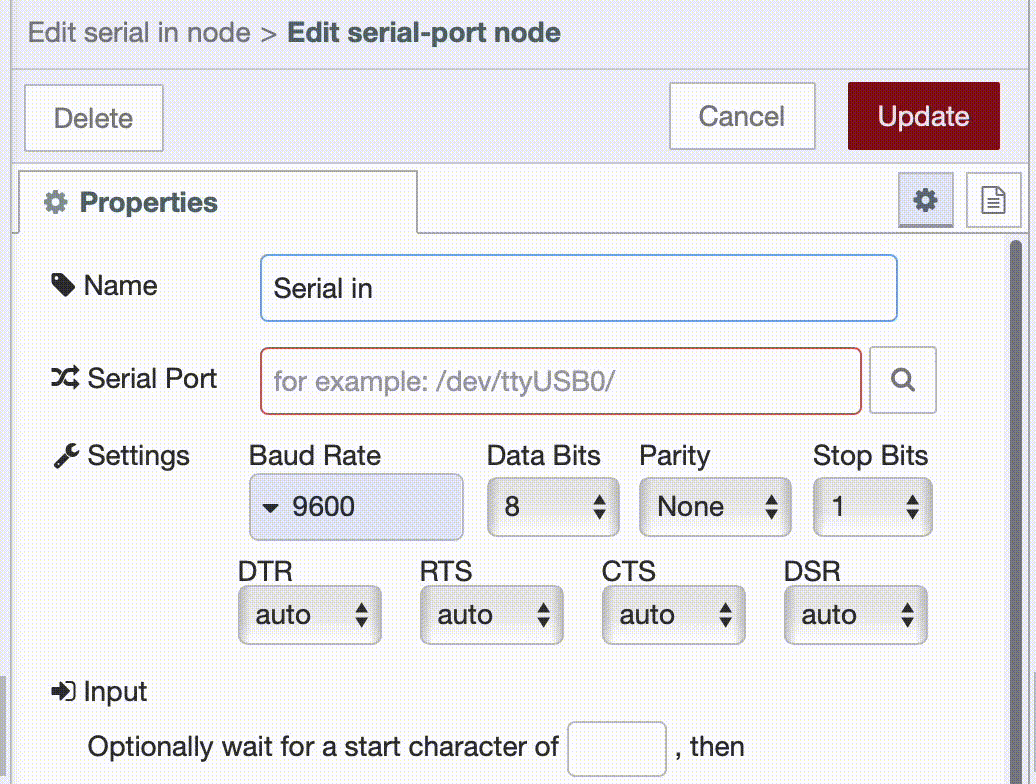 Screenshot of Node-RED serial port node configuration showing available serial ports after clicking the search option.